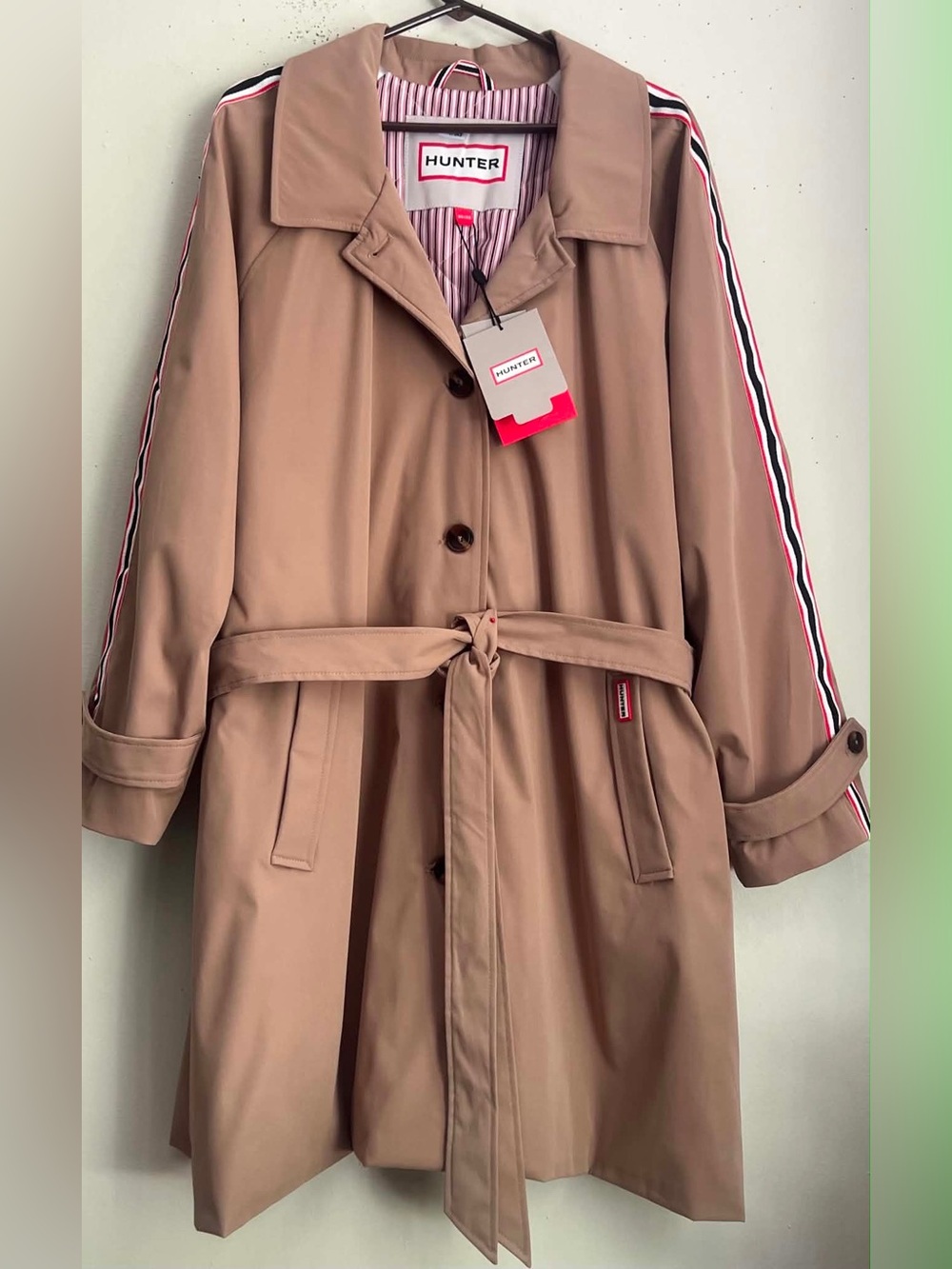 Hunter Tan Trench Coat with Red-White-Black Stripe Trim